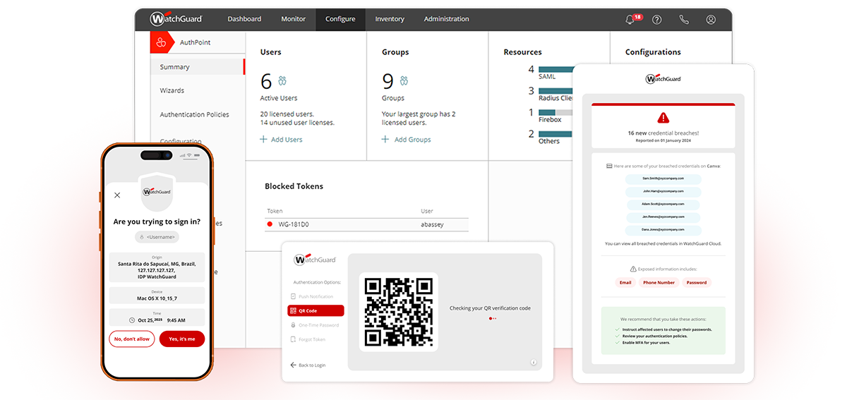 WatchGuard AuthPoint — dashboard de autenticação multifator e monitoramento de identidades